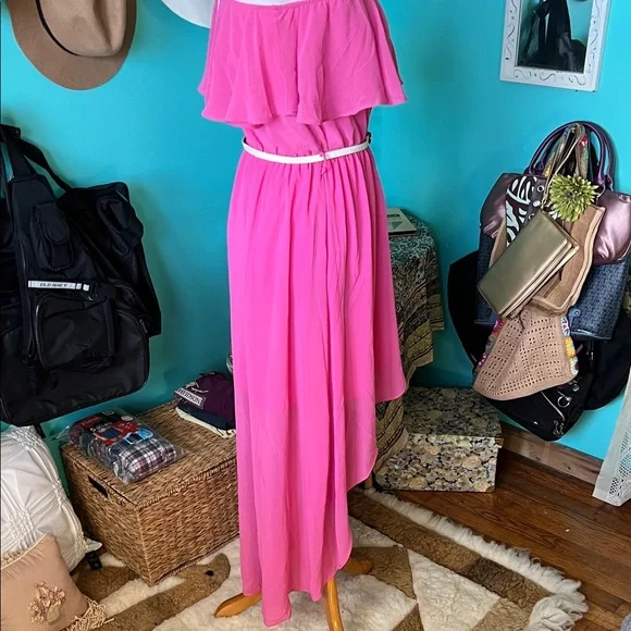 Elegant Pink Off-Shoulder High-Low Dress - Picture 3 of 4